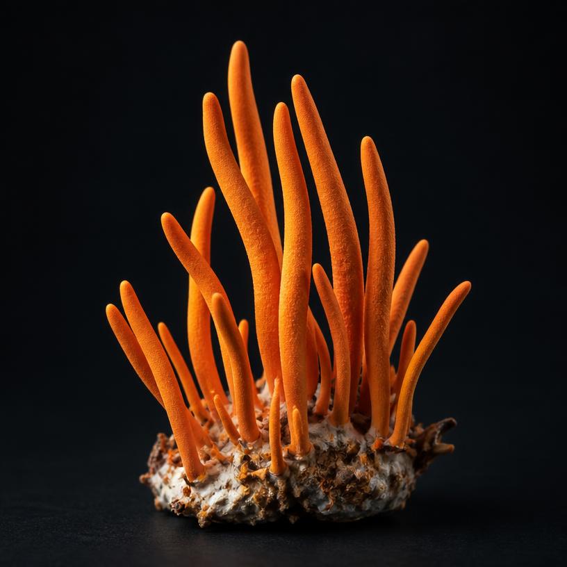 Cluster of slender orange cordyceps mushrooms