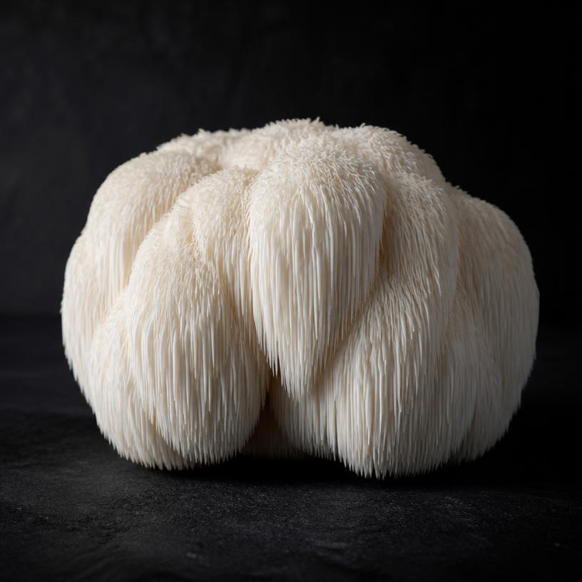 White lion’s mane mushroom with cascading tooth-like spines