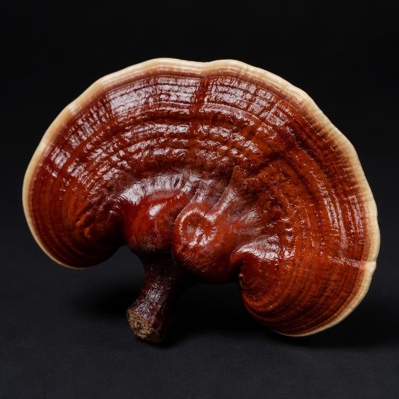Glossy reddish-brown reishi mushroom with a pale outer edge
