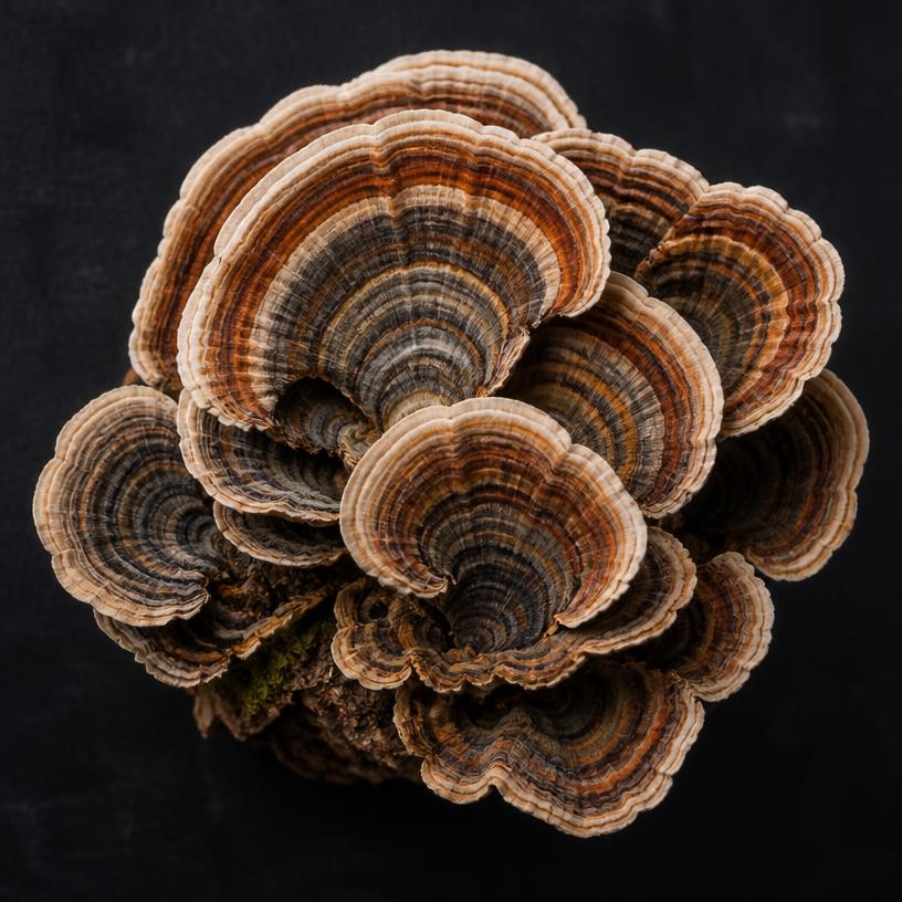 Layered turkey tail mushrooms with multicolored concentric bands